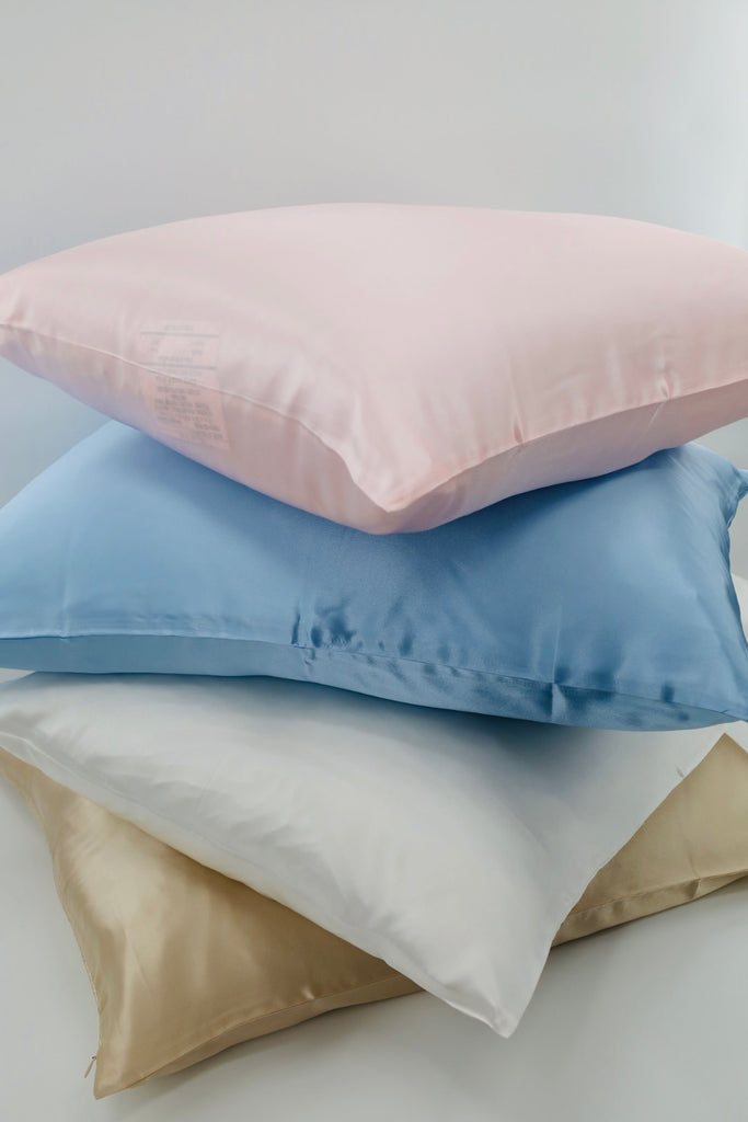 blue silk pillowcase, pink silk pillowcase, white silk pillowcase